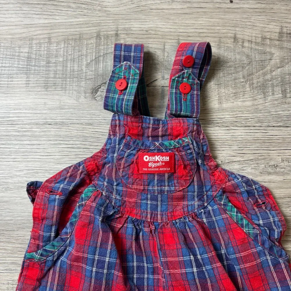 OshKosh‎ B'gosh Overalls Toddler 3T Red Blue Plaid Vintage Made in USA Bibs Bow